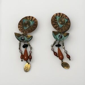 1980s Vtg Gold Tone‎ Copper Green Dangle Metal Clip on Earrings